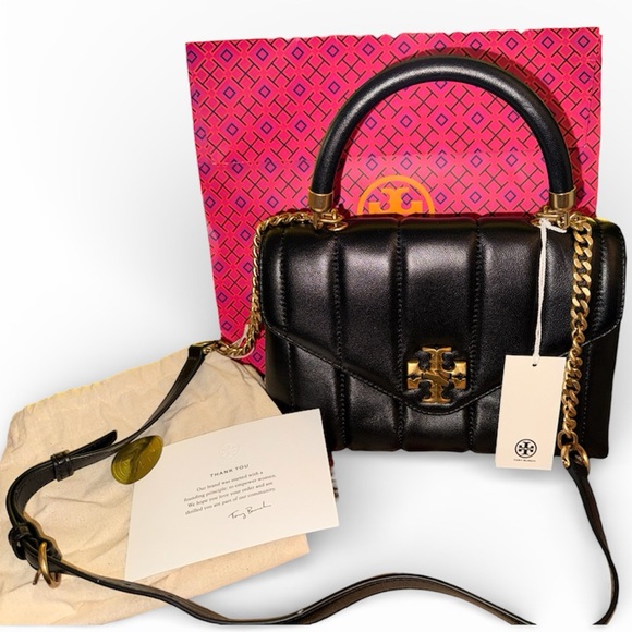 Tory Burch Handbags - Tory Burch Kira Small Quilted Leather Top Handle Satchel Black Gold NWT